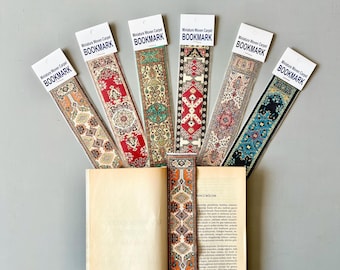 Bokmärke med turkiskt matta, bokmärke med orientaliskt mönster, present till läsare, traditionellt vävt bokmärke, presentidé för boktillbehör