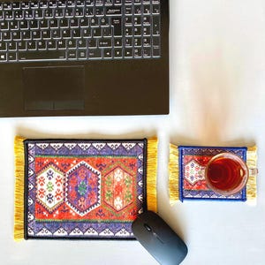 Türkischer Teppich Maus Pad & Untersetzer Set: Orientalische Schreibtisch Dekoration