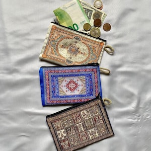 Porte-monnaie fait main à motifs de tapis, Porte-monnaie ethnique fait main, Pochette bohème à fermeture éclair, Petite pochette pour indispensables de tous les jours, Idées cadeaux culturelles,