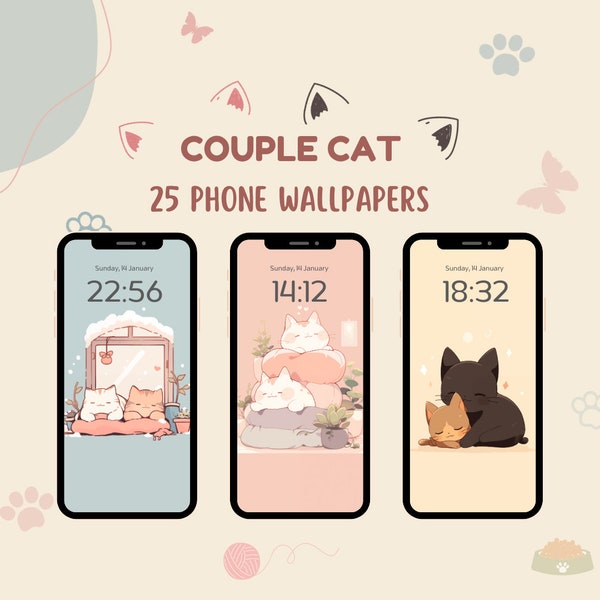 Couple Cat Phone Wallpapers, Cozy Backgrounds, Minimalist Smartphone Wallpaper, Random Cats, Phone Backgrounds for Cat Lover | PNG