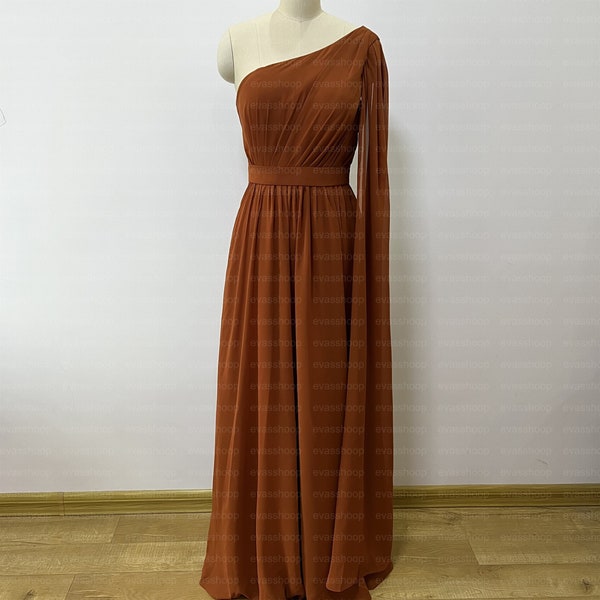 One Shoulder Full Length Off Shoulder Floor Length Burnt Orange Rust Chiffon Bridesmaid Dress, Wedding Party/Prom/Evening/Formal Dress