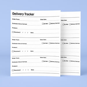 Puede incluir: Un formulario de seguimiento de entrega imprimible en blanco y negro con secciones para la información del pedido, la hora estimada de llegada, los detalles del producto, la fecha de recepción y las notas. El formulario tiene casillas de verificación para el método de entrega: por correo o servicio de entrega.