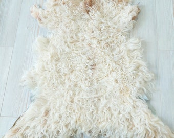 Natural Tigrado Curly Hair Sheepskin Throw Rug, Mothers Day Gift, Genuine White Color Shearling, Leather Area Rug, Chair cover Sheepskin