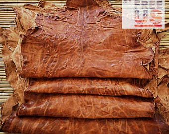 Tan Antique Wrinkled Vegetable Tanned Goatskin Leather - Thick 1.1mm