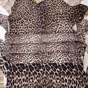 Puede incluir: Una colección de pieles con estampado de leopardo en varios tonos de marrón y beige. Las pieles están dispuestas en capas, mostrando los diferentes patrones y texturas del estampado animal. Las pieles tienen un aspecto natural y orgánico.
