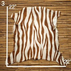May include: A zebra-striped hide rug, measuring 22 inches wide and 22 inches long, with a brown and white pattern. The rug is displayed on a bamboo mat background.