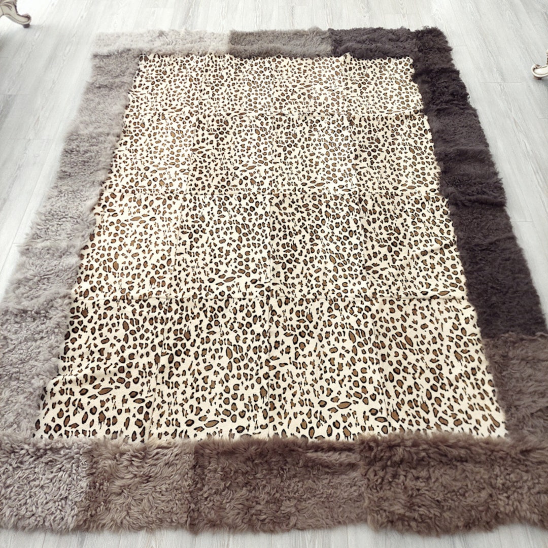 Handmade Sheepskin Patchwork Rug: Leopard Lambskin & Curly Shearling - Etsy
