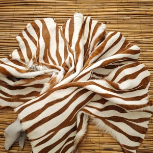May include: A zebra-striped hide rug with brown and white stripes. The rug is made of animal hide and is draped over a bamboo mat. The rug has a soft, textured appearance.