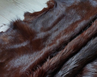 Dark Brown Goatskin Hide Rug: Soft Hair-On Goat Pelt, Home Decor (22"x18")
