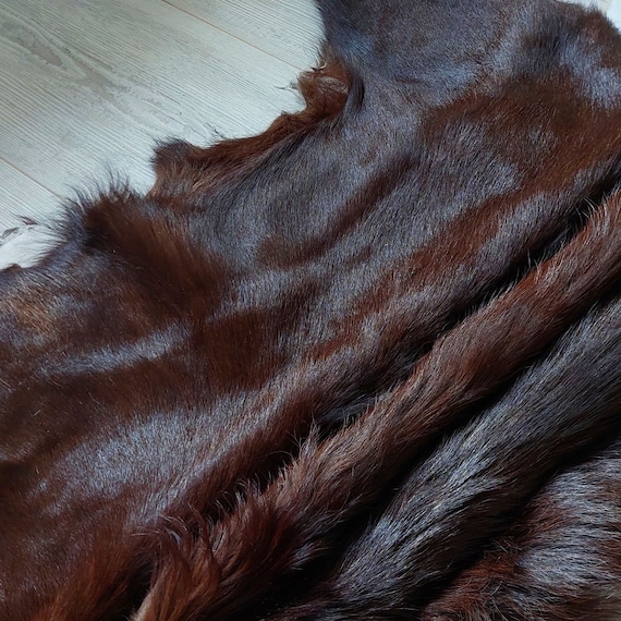 Dark Brown Goatskin Hide Rug: Soft Hair-On Goat Pelt, Home Decor (22"x18")