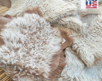 Genuine  Two Tone Curly Tigrado Sheepskin - Caramel & Cream Lambskin Throw Rug