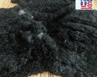 Black Curly Mongolian Sheepskin Rug – Natural Lambskin Hide – Long Curly Wool Throw