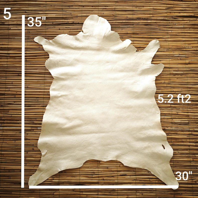 May include: A cream-colored leather hide, approximately 35 inches long and 30 inches wide, with an area of 5.2 square feet. The hide has an irregular shape and is displayed against a textured, light brown background.