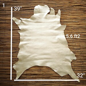 May include: A cream-colored leather hide, approximately 39 inches by 32 inches, with a surface area of 5.6 square feet. The hide has irregular edges and a natural texture, displayed against a bamboo background.