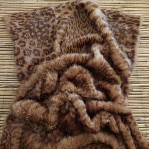 May include: A brown and tan faux fur throw blanket with a leopard print pattern. The blanket is folded and draped, showcasing the soft texture and color variations. The design features spots of varying sizes and shades.