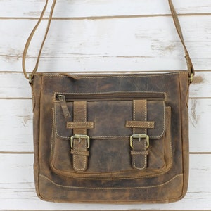 Leather zip top Flap messenger Bag.