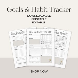 Könnte beinhalten: Ein druckbarer schwarz-weißer Ziel- und Gewohnheitstracker mit floralem Design. Der Tracker enthält Abschnitte für neue Gewohnheiten, was gelernt wurde, Motivation, Ziel-Aktionsplan und einen Kalender, um den Fortschritt zu verfolgen.