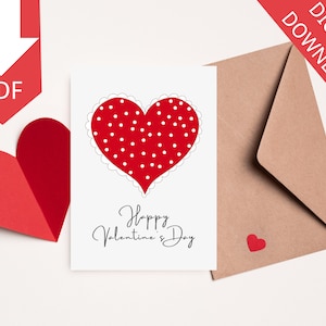 Rode Polka Dot Happy Valentijnsdag kaart || Afdrukbare romantische kaartsjabloon || Digitale download liefdeskaart || DIY Valentijnskaart downloaden