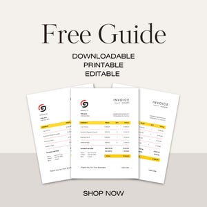 Könnte beinhalten: Drei Rechnungsvorlagen mit einem gelben und schwarzen Farbschema. Die Vorlagen zeigen ein Firmenlogo mit dem Buchstaben G in einem Kreis. Der Text "INVOICE" befindet sich oben auf jeder Vorlage. Der Text "SHOP NOW" befindet sich unten im Bild.