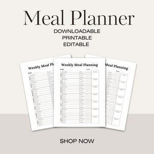 Könnte beinhalten: Drei druckbare Speiseplan-Seiten mit dem Text "Weekly Meal Planning" und "Meal Planning". Die Seiten sind schwarzweiß und haben Platz zum Eintragen der Mahlzeiten für jeden Tag der Woche.
