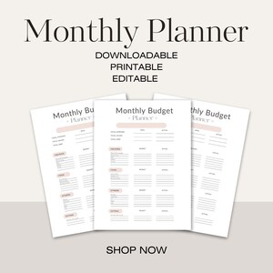 May include: Three printable monthly budget planner pages with the text "Monthly Budget Planner" at the top of each page. The pages are white with black text and a light pink background for the title.