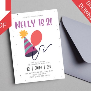 Grillige kinder 2e verjaardagsfeestje uitnodigingskaart || Aanpasbare verjaardagskaart || Digitale kaartsjabloon || DIY-ontwerp voor een verjaardagskaart
