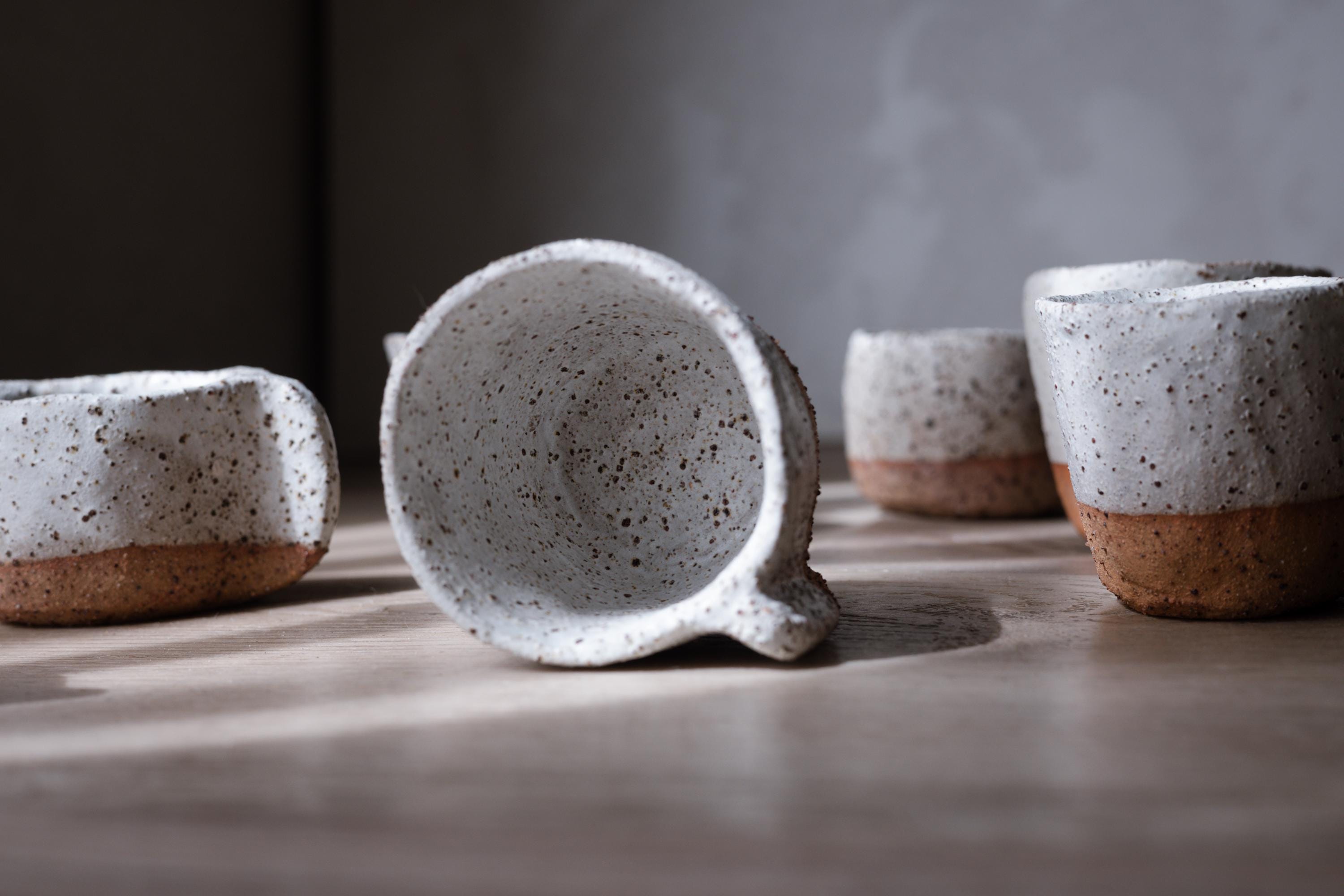 Ceramic Handmade Espresso Cups - Rustic Raw Clay and Speckled White