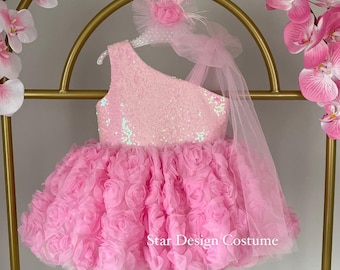 Handmade Pink Rose Dress, Tulle Flower Girl Dress, Birthday Party