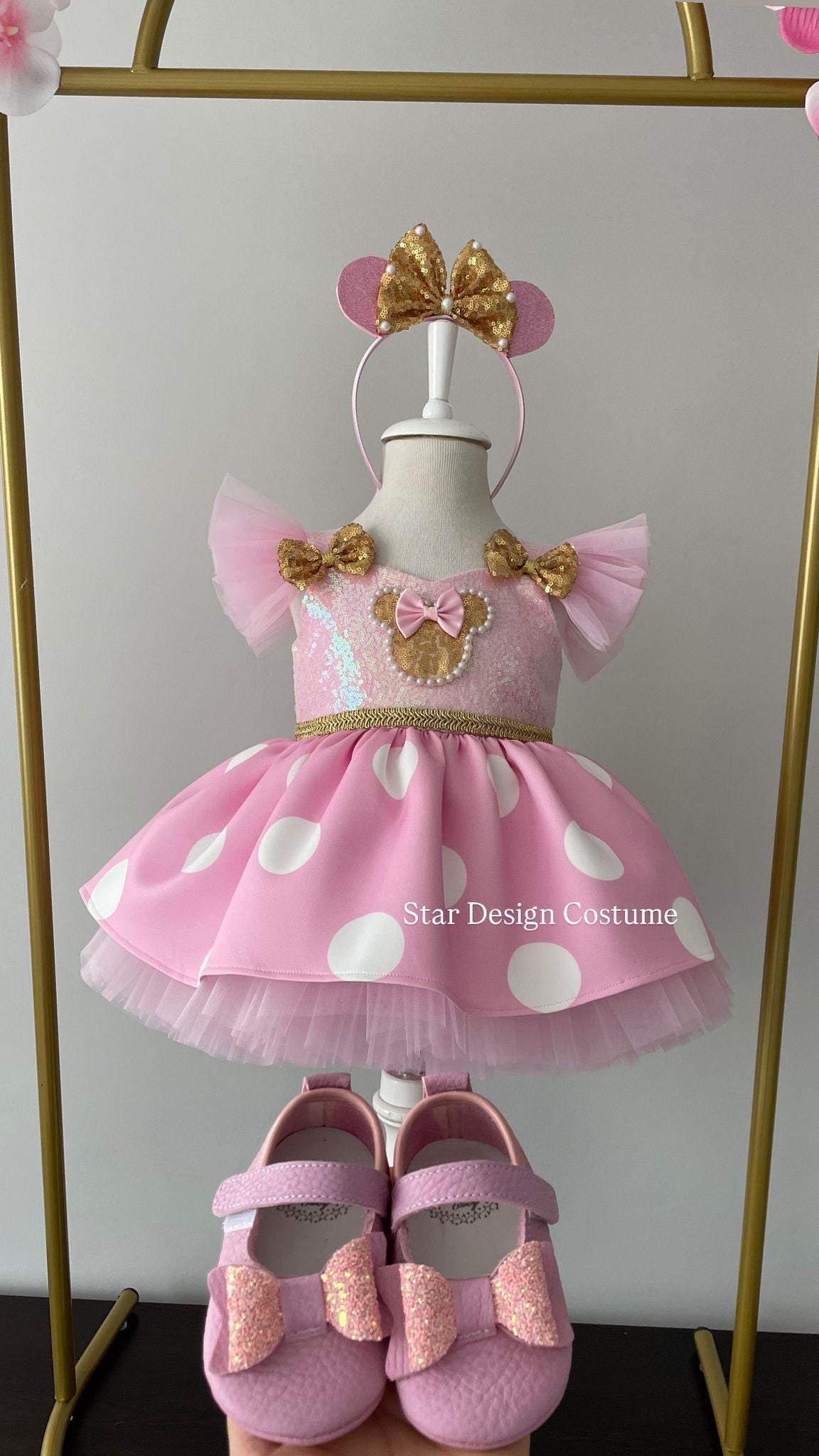 Gold Minni mause dress,Minnie Mouse costume, pink Dress,Pink Minnie Mouse dress,Minnie Mouse costume,1stbirthday costume,Photoshoot Costume