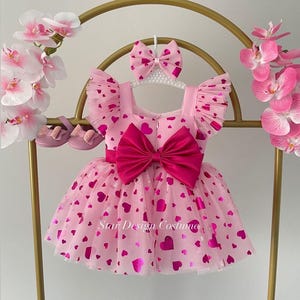 Vestido de tutú de cumpleaños/Vestido con estampado de corazones/Vestido de corazón/Traje de cumpleaños/Vestido de cumpleaños de niña/Traje para sesión de fotos/Vestido para sesión de fotos/Rosa fuerte
