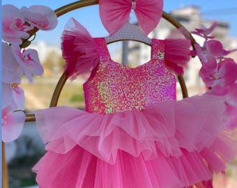Hot Pink Birthday Tutu Dress, Handmade Outfit with Gift