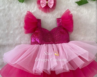 Robe d'anniversaire en tulle fuchsia, corsage à sequins fait main, accessoire pour cheveux