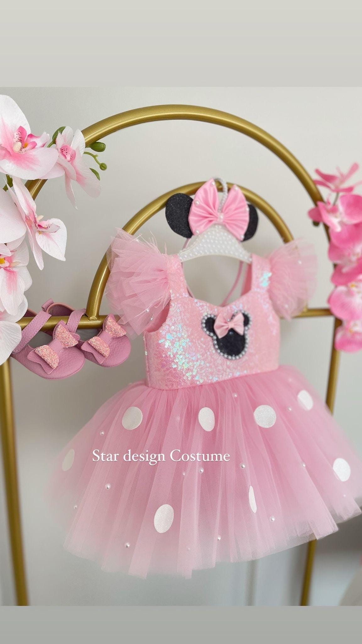 strapless open back dress First Birthday Minnie Outfit, Little Girls First Birthday Tutu Outfit with Polka Dot Design Short Sleeve 6M / Top / Tutu