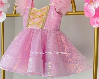 Handmade Rapunzel Costume Dress, Gold Trim, Birthday Party