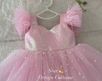 Handmade Pink Pearl Tulle Birthday Dress, Photo Shoot Outfit