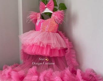 Robe tutu d'anniversaire à sequins fuchsia, tenue faite main