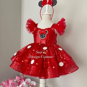 Red Minnie mause dress, Minnie Mouse costume, Red Dress, red minnie mause costume with pearls, sequined minnie mause dress.