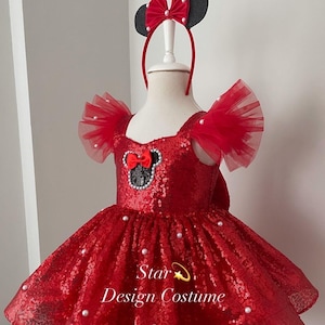 Red Minnie mause dress, Minnie Mouse costume, Red Dress, red minnie mause costume with pearls, sequined minnie mause dress.