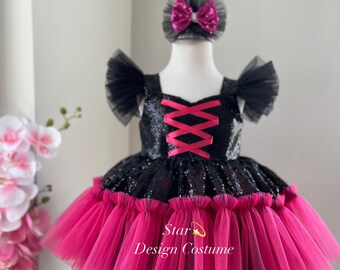 fuchsia - black  dress,fuchsia - baby dress Birthday Tutu Dress,Birthday Outfit,Girl&#39;s Birthday Dress,fushıa - black dress