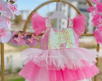 Handmade Sequin Birthday Tutu Dress, Pink and White, Photoshoot Outfit