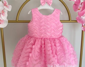 Pink Birthday Tutu Dress, Handmade Baby Dress with Bow