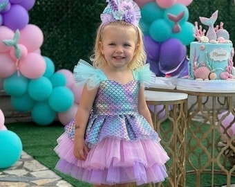 Baby Girl Mermaid Costume Dress, Handmade Tulle Birthday Party Outfit, Gift Included