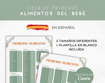 Lista de primeros alimentos bebé en español · BLW 6–12m · Vertical + horizontal con plantillas en blanco · Estilo Natural Verde