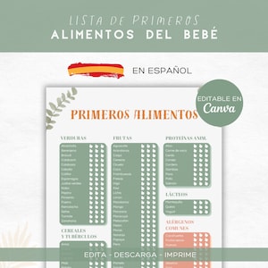 May include: A Spanish-language guide for baby's first foods, featuring lists of vegetables, fruits, animal proteins, dairy, and common allergens. The design uses soft green and orange colours. The text "PRIMEROS ALIMENTOS" is displayed prominently. The guide is editable in Canva.