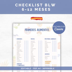 Lista de Primeros Alimentos del Bebé en español · BLW 6–12 meses · Imprimible A4 + Canva Editable · Versión Alegre con Fondo de Frutas