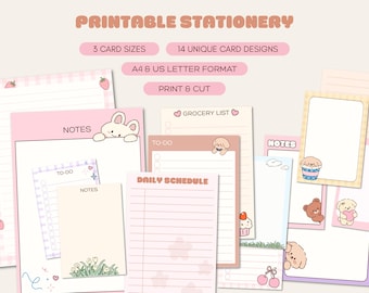 Zestaw kartek do druku | Zestaw artykułów papierniczych Kawaii | Papier do notatek w kolorze pastelowego różu | Pobieranie cyfrowe