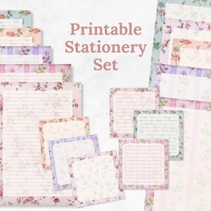 Puede incluir: Un conjunto de papelería imprimible con diseños florales en colores pastel. El conjunto incluye papel rayado y sin rayar, junto con tarjetas de notas. El texto "Printable Stationery Set" está visible.