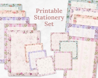 Printable Stationery Set | Vintage Floral Writing Paper & Note Cards | Lined and Blank | Digital Download