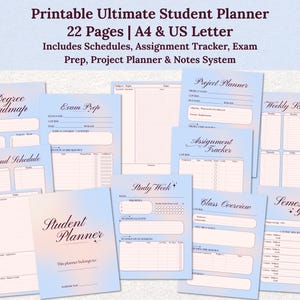 May include: A collection of printable student planner pages with a light blue and peach gradient background. The pages include schedules, assignment trackers, exam prep, and project planning tools. The text on the top reads "Printable Ultimate Student Planner".
