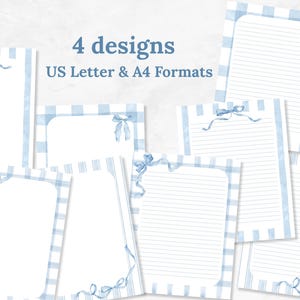 May include: A collection of stationery designs featuring a light blue and white gingham and striped pattern. Each design includes a light blue ribbon accent. The text "4 designs US Letter & A4 Formats" is displayed at the top.